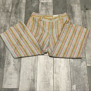 Lagenlook Vtg 90s Stripe Beige Blue Multicolor Linen Wide Leg Crop 23” Pant 4 S